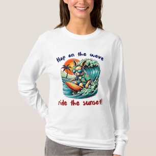 Surfing Bunny with Sunglasses Under Sunset Waves T-Shirt