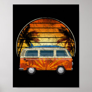 Surfing Camper Palm Tree Sunset Poster