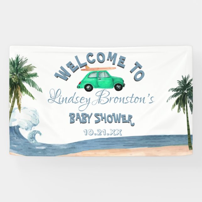Surfing Car Coconut Tree Blue Beach Baby Shower   Banner (Horizontal)
