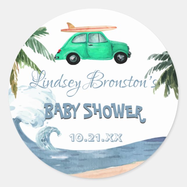 Surfing Car Coconut Tree Blue Beach Baby Shower  Classic Round Sticker (Front)