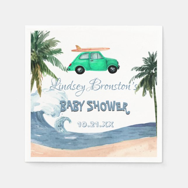 Surfing Car Coconut Tree Blue Beach Baby Shower Napkin (Front)