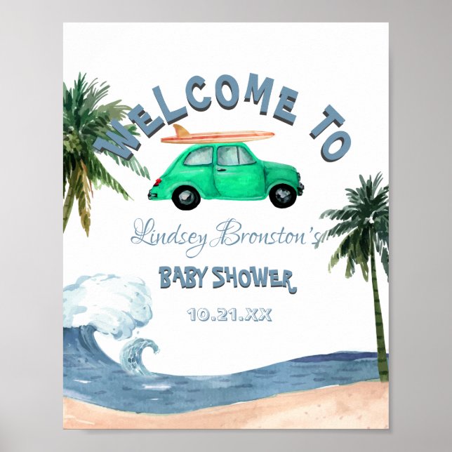 Surfing Car Coconut Tree Blue Beach Baby Shower    Poster (Front)