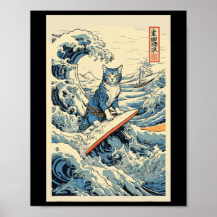 Surfing Cat Hokusai Great Wave Off Kanagawa Japane Poster