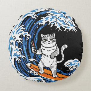Surfing Cat on Epic Blue Wave – Cool Cartoon Ocean Round Cushion