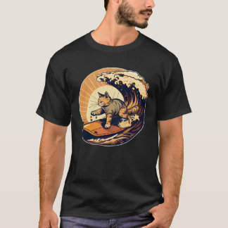 Surfing Cat Retro Vintage Sunset Beach Summer Coas T-Shirt