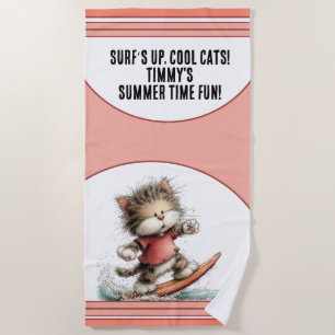 Surfing Cat Summer Fun Design Beach Towel