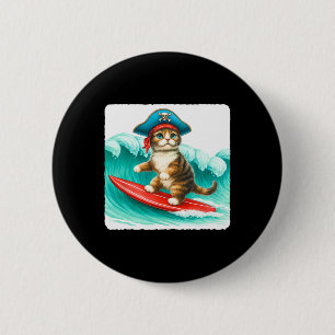 Surfing Cat With Pirate Hat On Surfboard. Waves Pl 6 Cm Round Badge