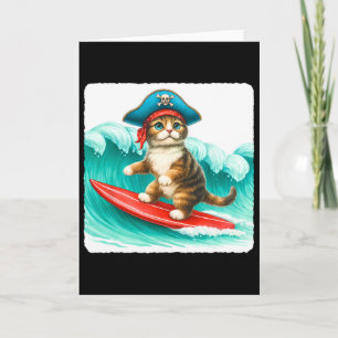 Surfing Cat With Pirate Hat On Surfboard. Waves Pl Card