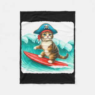 Surfing Cat With Pirate Hat On Surfboard. Waves Pl Fleece Blanket