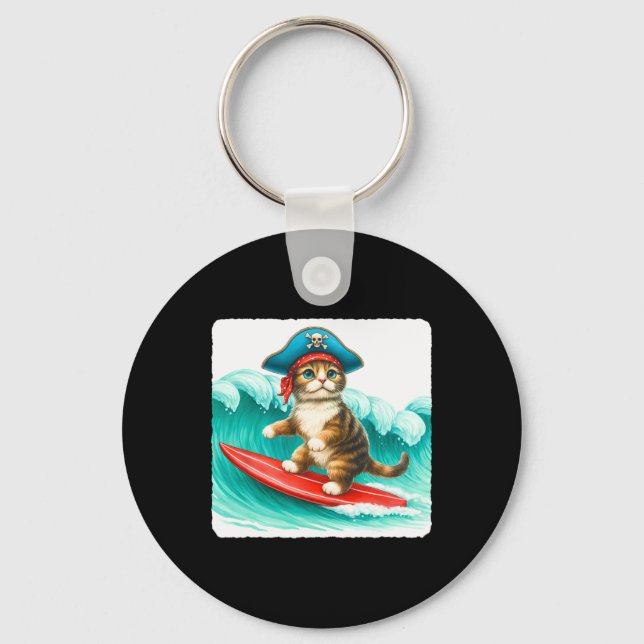 Surfing Cat With Pirate Hat On Surfboard. Waves Pl Key Ring (Front)
