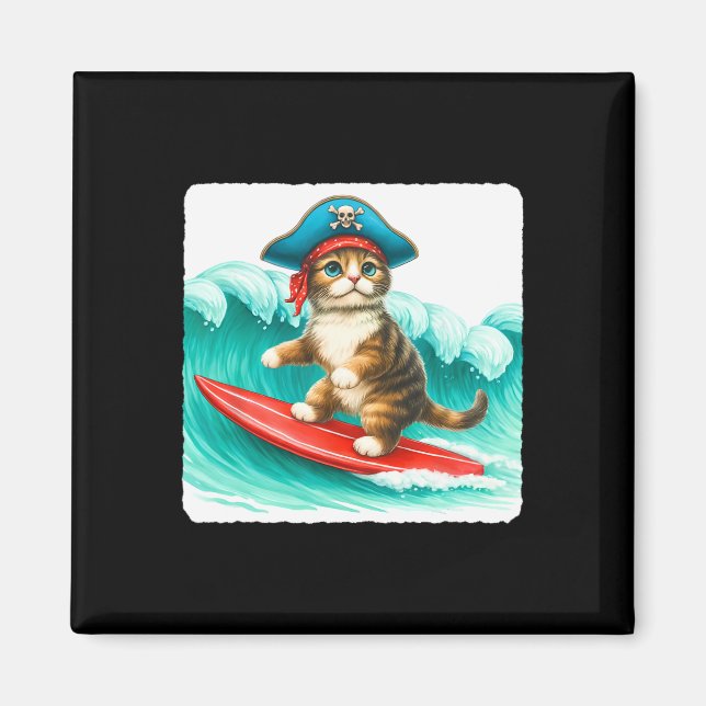 Surfing Cat With Pirate Hat On Surfboard. Waves Pl Magnet (Front)
