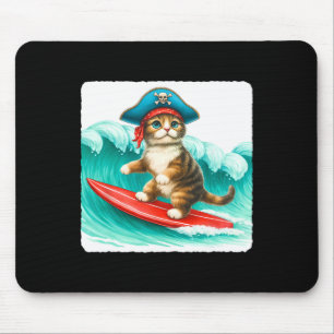 Surfing Cat With Pirate Hat On Surfboard. Waves Pl Mouse Mat