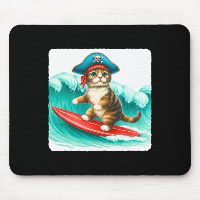 Surfing Cat With Pirate Hat On Surfboard. Waves Pl Mouse Mat (Front)