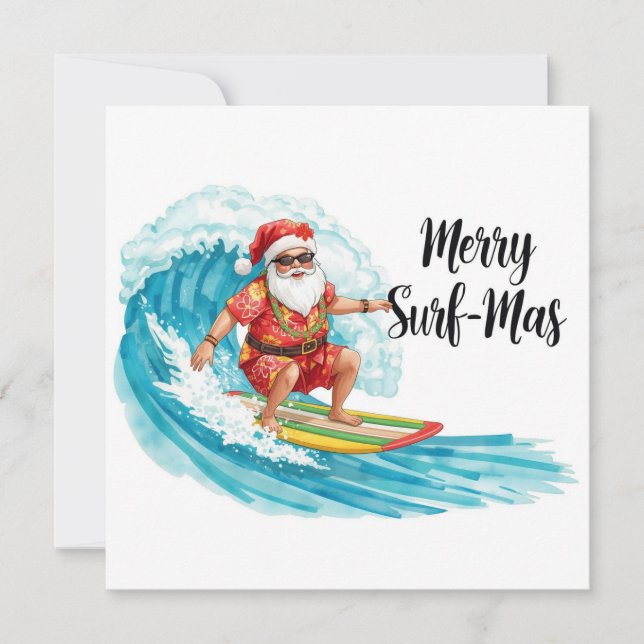Surfing Christmas in Hawaii Tropical Santa Holiday Card (Front)