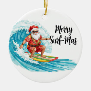 Surfing Christmas in Hawaii Tropical Santa Holiday Ceramic Tree Decoration