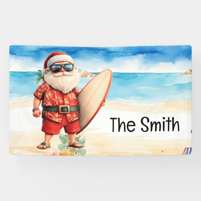 Surfing  Christmas  in July  Santa Claus on beach  Banner (Horizontal)