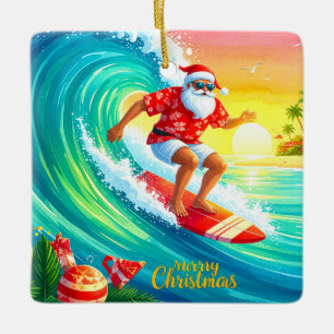 Surfing Christmas with Santa Claus Ceramic Ornament