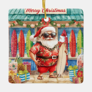 Surfing Christmas with Santa Claus surfer Ceramic Ceramic Ornament