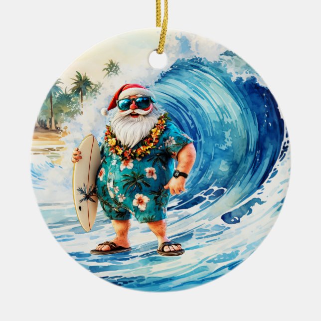 Surfing Christmas with Santa Claus surfer  Ceramic Tree Decoration (Front)