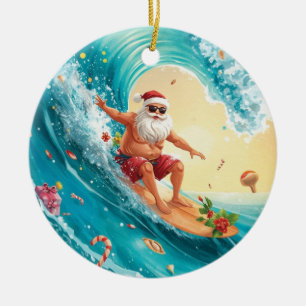 Surfing Christmas with Santa Claus surfer Ceramic Tree Decoration