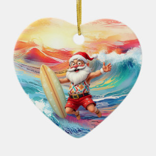 Surfing Christmas with Santa Claus surfer Ceramic Tree Decoration