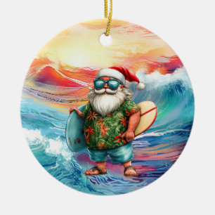 Surfing Christmas with Santa Claus surfer Ceramic Tree Decoration