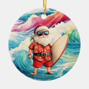 Surfing Christmas with Santa Claus surfer Ceramic Tree Decoration