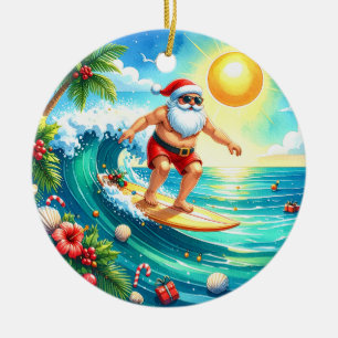 Surfing Christmas with Santa Claus surfer Ceramic Tree Decoration