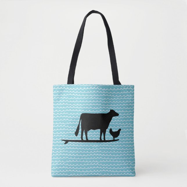 Surfing Cow and Chicken Beach Tote Bag (Front)