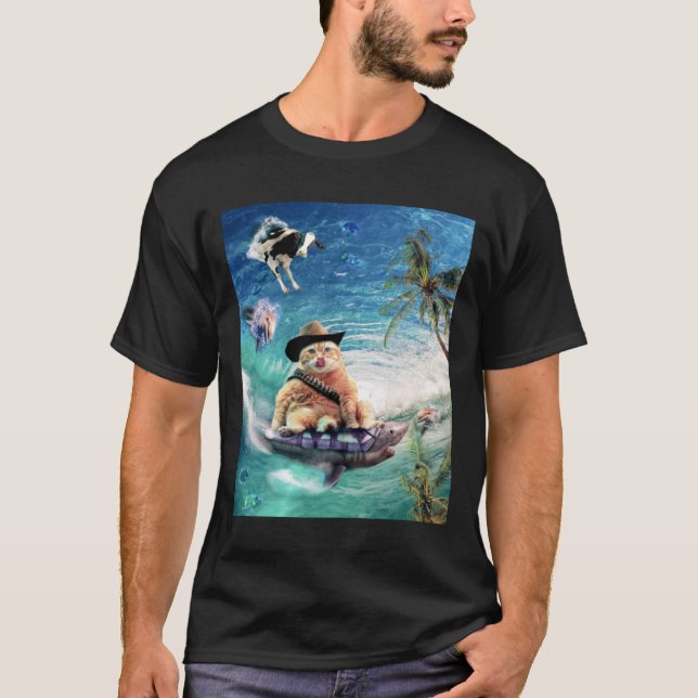Surfing Cowboy Cat Riding Shark T-Shirt (Front)