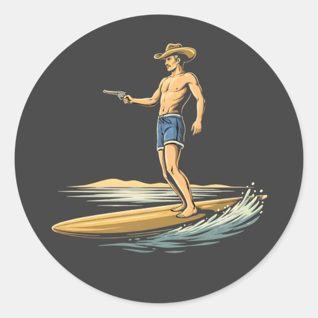 Surfing Cowboy Classic Round Sticker (Front)