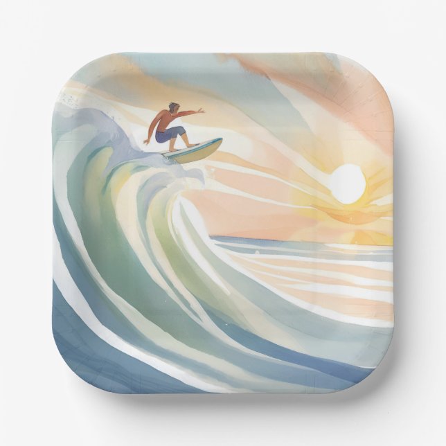 Surfing Days | Ocean Wave Surf Watercolor Paper Plate (Front)