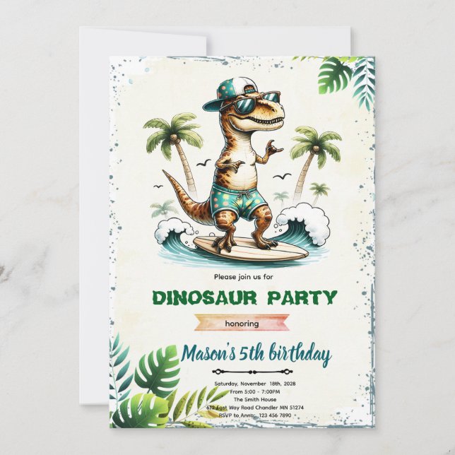 Surfing Dinosaur Birthday Invitation  (Front)