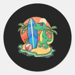 Surfing Dinosaur Funny Beach Vacation Animal Graph Classic Round Sticker