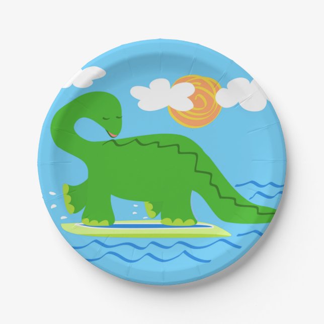 Surfing Dinosaur Paper Plates (Front)