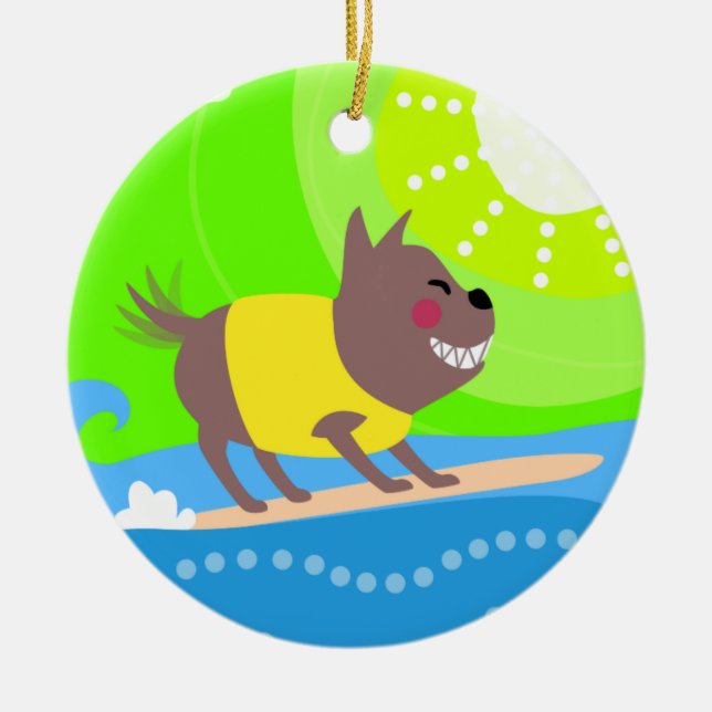Surfing Dog Ceramic Tree Decoration (Front)