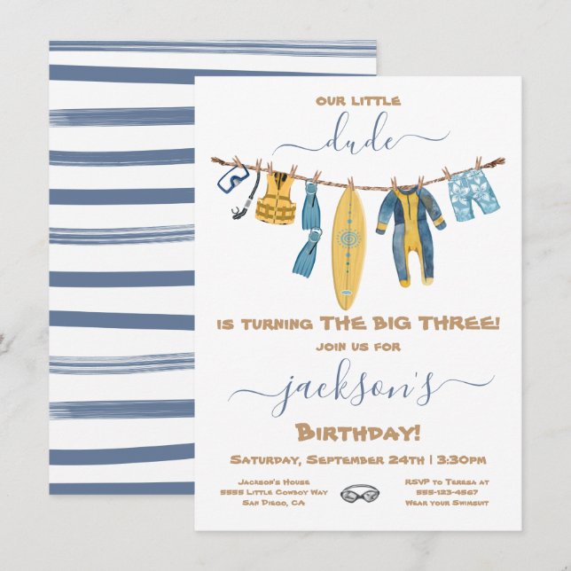 Surfing Dude Birthday Party Clothesline Invitation (Front/Back)