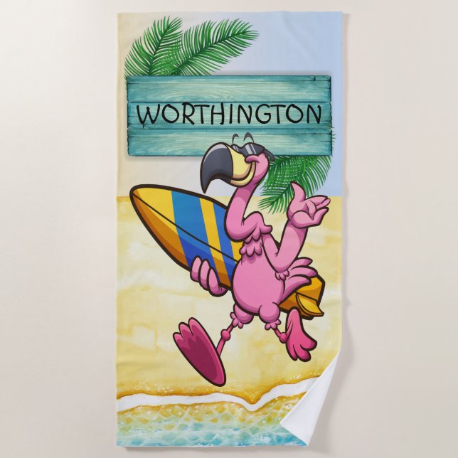 Surfing Flamingo Beach Towel (Front)