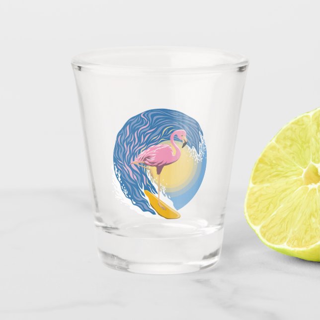 Surfing Flamingo Graphic Illustration Shot Glass (Front)