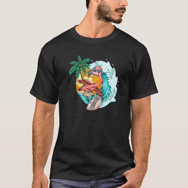 Surfing Flamingo Surfer Surfboarding The Waves T-Shirt (Front)