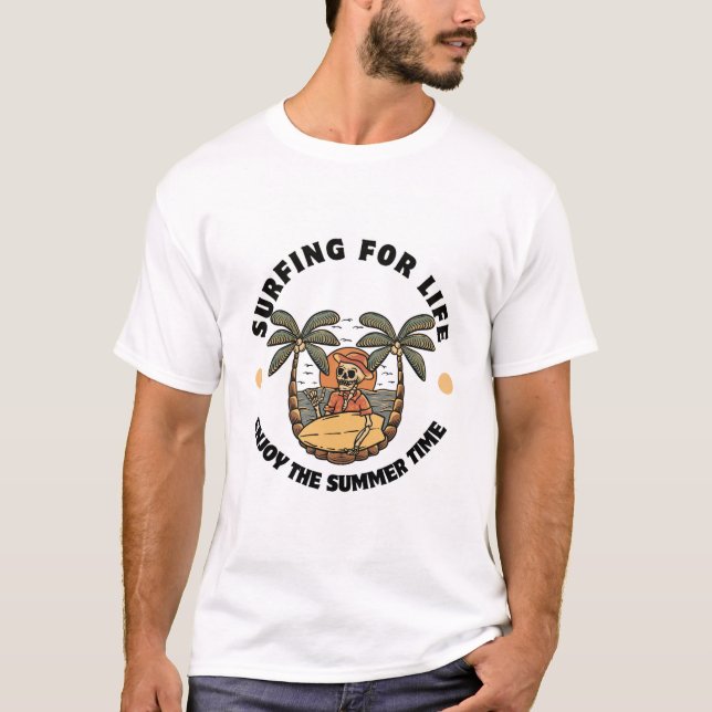 Surfing for Life Skeleton Beach Design  T-Shirt (Front)