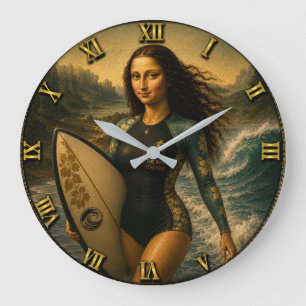 Surfing Funny Mona Lisa for Beach & Ocean Lovers Large Clock