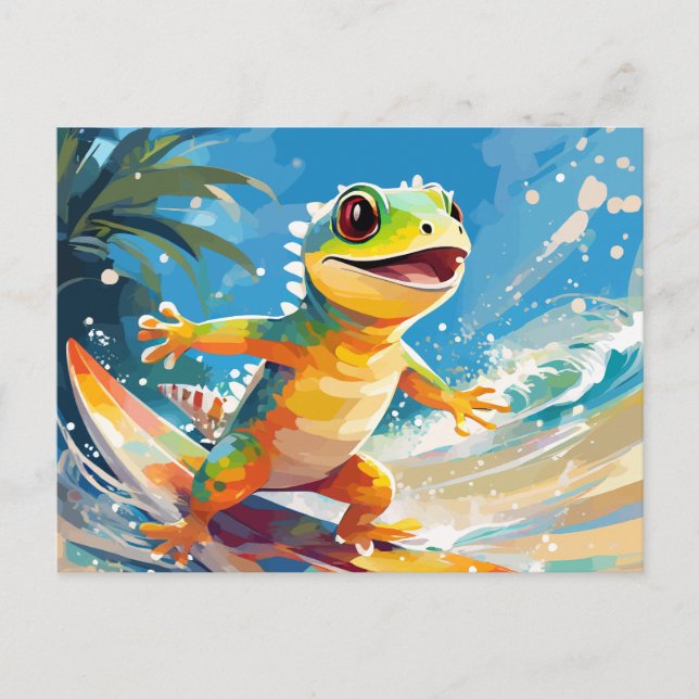 Surfing Gecko Riding The Waves Holiday Postcard (Front)