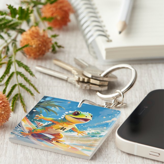 Surfing Gecko Riding The Waves Key Ring (Front Right)
