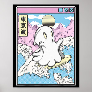 Surfing Ghost In Japanese Waves Anime Kawaii Vapor Poster