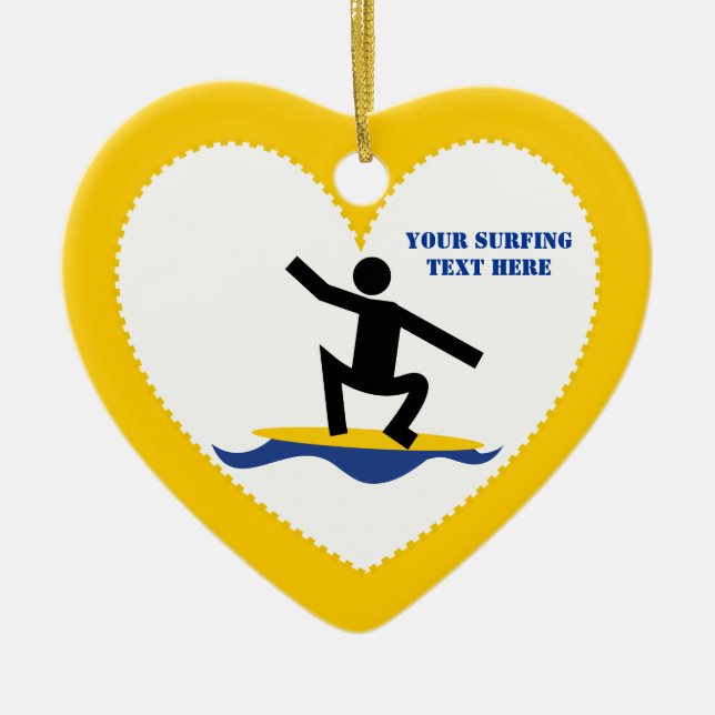 Surfing gifts, surfer on his surfboard custom ceramic tree decoration (Front)