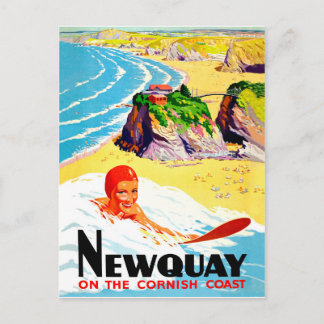 Surfing girl at Newquay beach, Cornwall, vintage Postcard