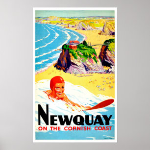 Surfing girl at Newquay beach, Cornwall, vintage Poster
