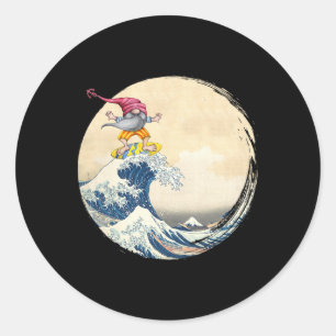 Surfing Gnome Riding Great Wave Off Kanagawa - Gno Classic Round Sticker
