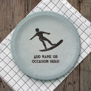 Surfing guy riding wave - your text on masculine  paper plate